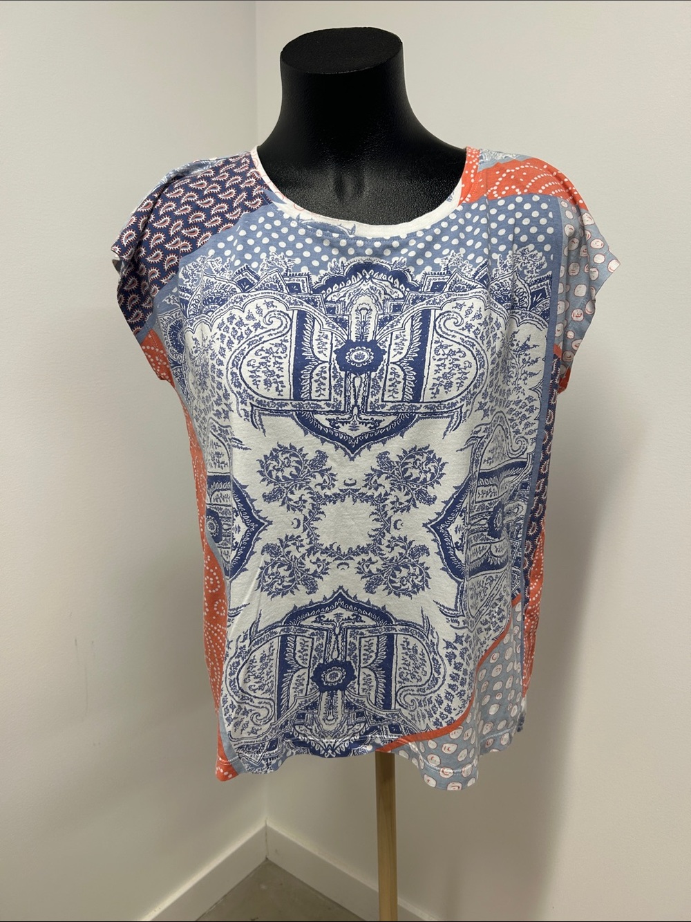 Tommy Hilfiger Small Patchwork Paisley Print Top Blue Coral Cap Sleeve Tee
